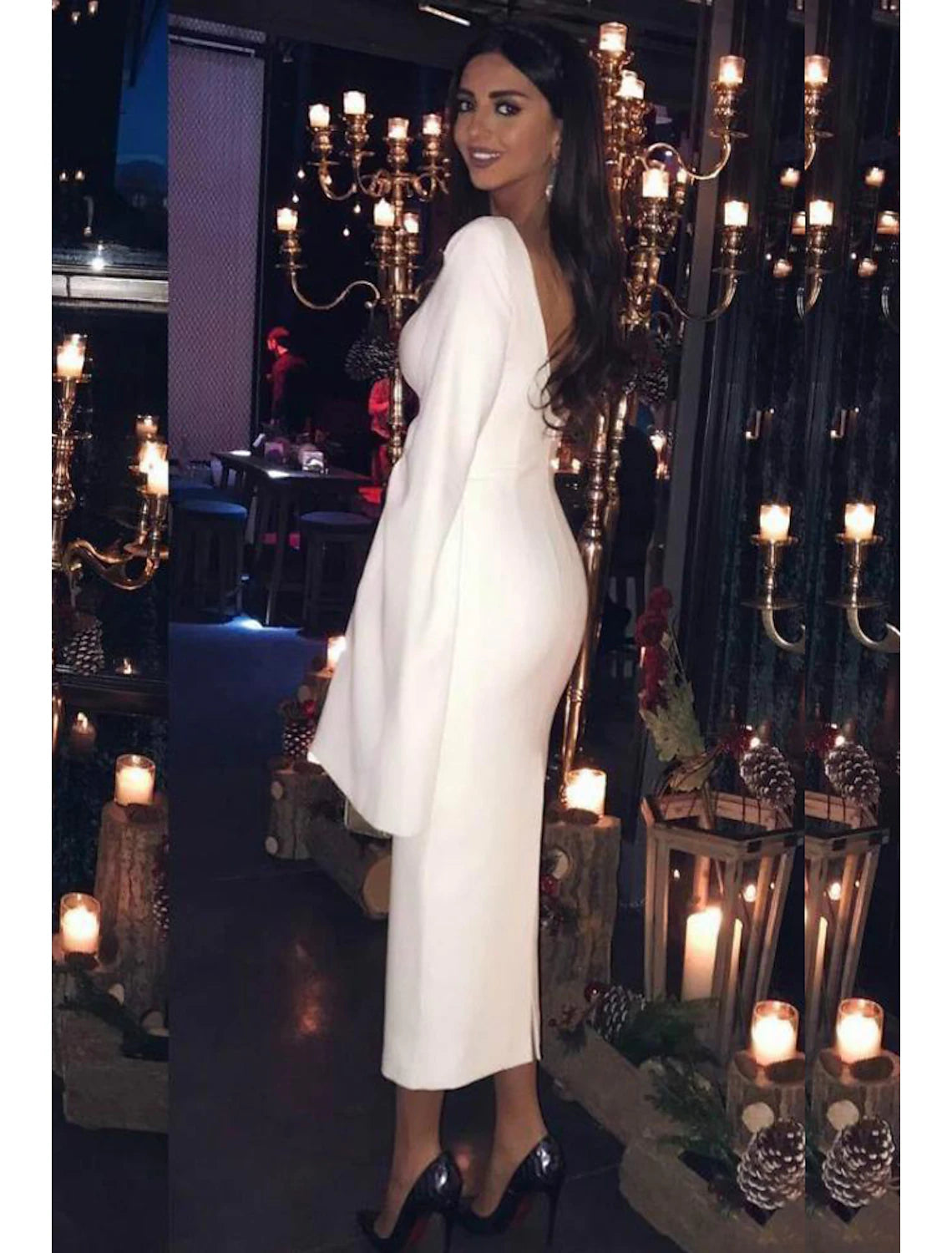 Wholesale Sheath / Column Cocktail Dresses Party Dress Holiday Tea Length Long Sleeve Jewel Neck Fall Wedding Guest Jersey Backless with Sleek